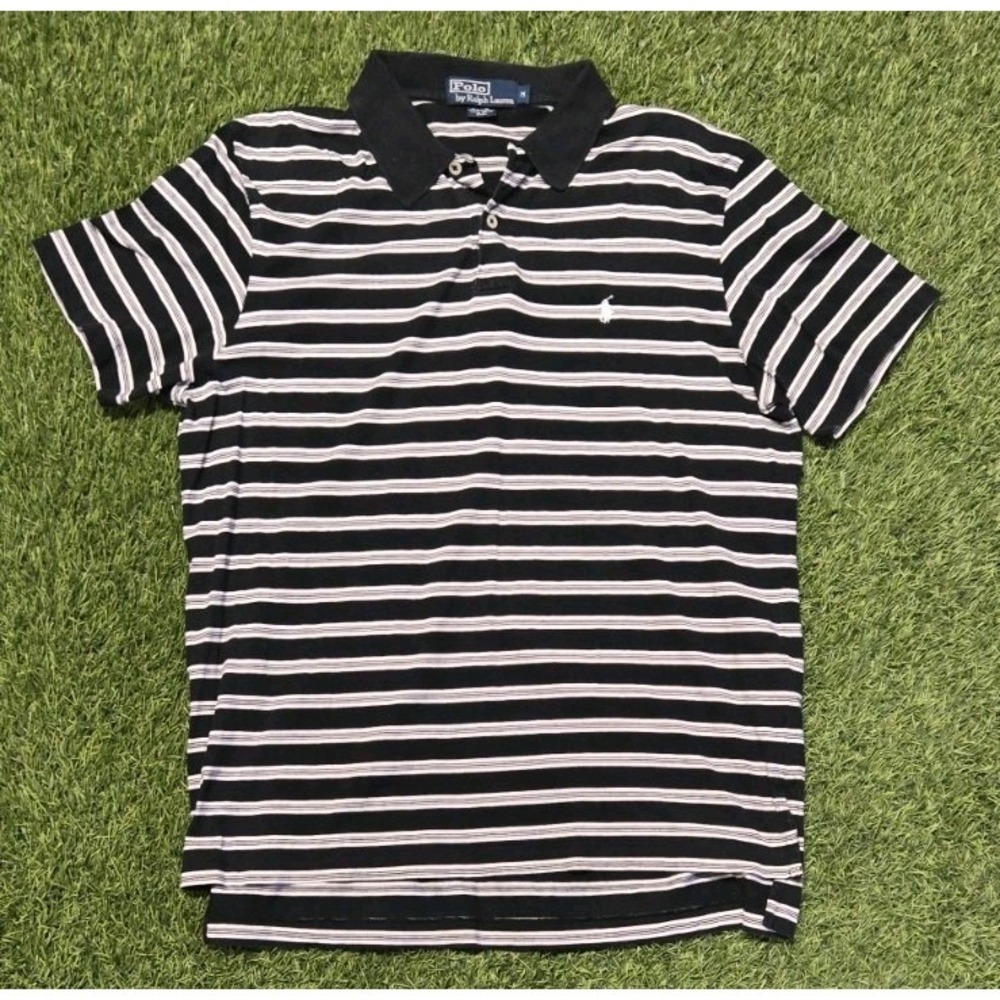 Polo Ralph Lauren Shirt Mens M Black Striped Pima Cotton Short Sleeve Polo